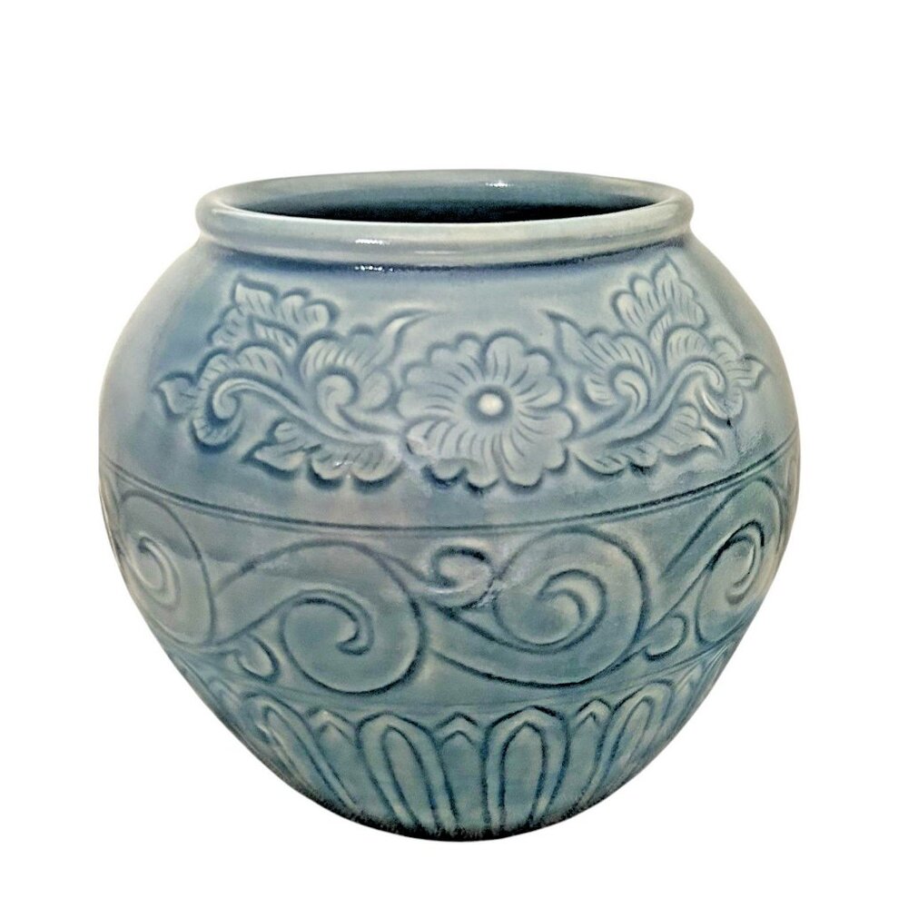 Siam Celedon Thailand Blue Gray Wood Ash Glazed Floral Planter Signed 8" Incised